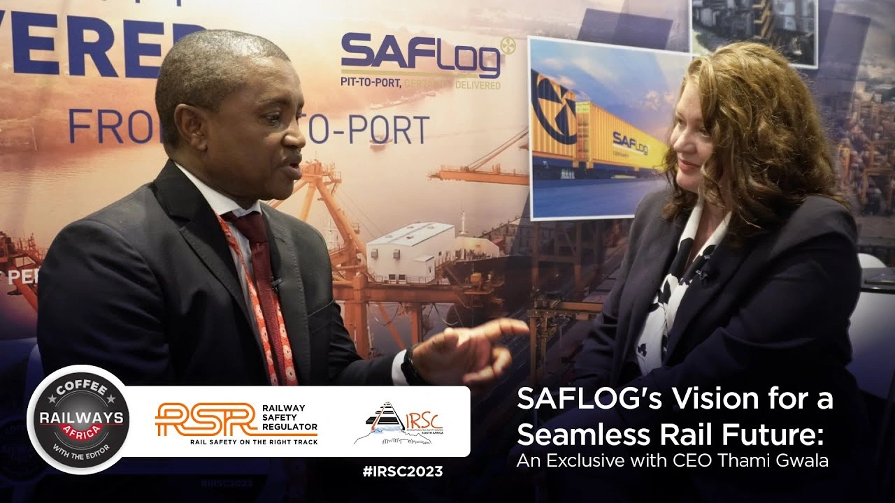 SAFLog CEO Thami Gwala speaking with the Railways Africa interviewer, with the title of the 2023 interview and event branding.